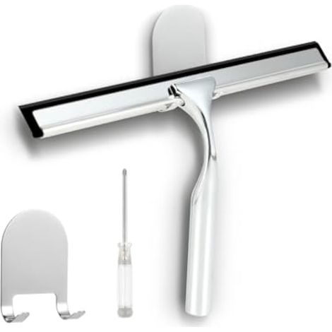 Raclette de douche de 25,6 cm, en silicone et acier inoxydable, sans traces d'eau, durable, avec crochet et tournevis, installation facile pour salle de bain, miroirs, fenêtres et carrelage. (1/5)