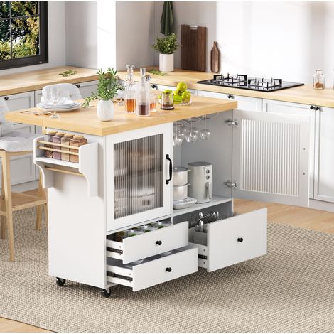 Mueble de cocina móvil extensible con ruedas, portavasos, blanco HAVRYA (1/5)