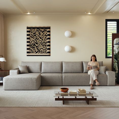 Divano angolare a sinistra modulare a 4 posti in velluto a coste, comprimibile senza montaggio, imbottitura in schiuma ad alta densità, 340x175x83 cm, kaki