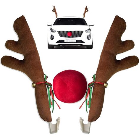 Décoration de Noël pour voiture : bois de renne, kit de décoration avec grelots, renne Rudolph et nez rouge, pour voiture, SUV, fourgonnette ou camion. (1/4)