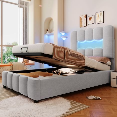 Seyakany - Lit simple capitonné 90 x 200 cm avec éclairage LED(sans matelas) - mécanisme hydraulique - tête de lit réglable - velours - gris (1/5)