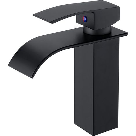 Auralum Grifo Lavabo Cascada Negro, Monomando Grifo de lavabo en Cascada, Agua Fria y Caliente Disponible, Grifería para Baño y Lavabo