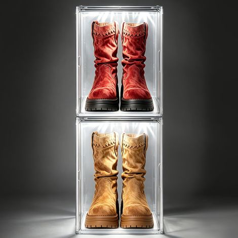 Lot de 2 Grandes Vitrines Acrylique à 6 Faces Transparentes44×33×33 cm–Boîte de Rangement avec LED et Porte Aimantée, Empilable, Anti-Poussière – Étagère Amovible pour Figurines, Chaussures (1/5)