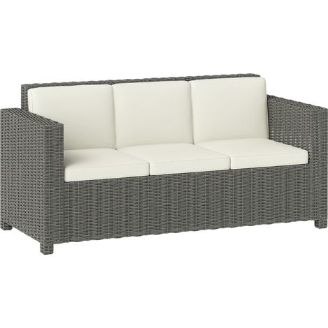 3 Seater Rattan Sofa All-Weather Wicker Weave Metal Frame Chair with Fire Resistant Cushio-Cream