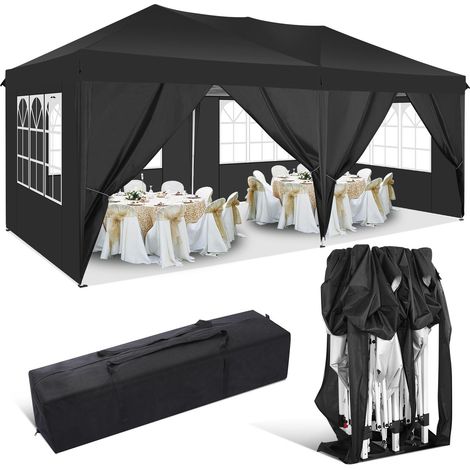 3X6M Tonnelle pliante de Jardin Imperméable, Barnum pliant Anti-UV pour différentes activités extérieures avec 6 parois latérales et sac de transport Noir (1/5)