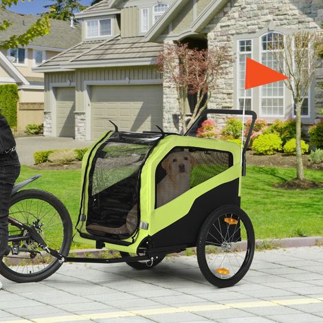 Remorque de vélo 2-en-1 pour chien, poussette animalière avec réflecteurs, charge maximale 30 kg pour grands chiens, tissu Oxford vert (1/4)