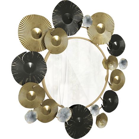 Décoration murale en métal avec miroir décoratif pour salon, chambre ou couloir, 84 x 84 cm, or et noir (1/5)
