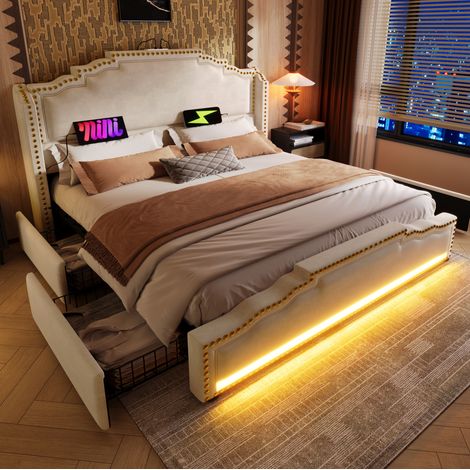Lit avec tiroirs 160x200 LED USB-C velours beige HAVRYA (1/5)