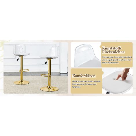 Juego de 2 taburetes de bar regulables en altura: respaldo transparente + patas de metal color oro, altura regulable de 82 a 104 cm, asiento giratorio 360°. (1/5)