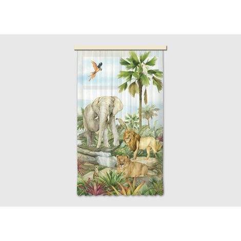 Voilage Animaux de la jungle - Éléphant, lion, perroquet en couleur - 1 pièce - L 140 cm x H 245 cm (1/4)