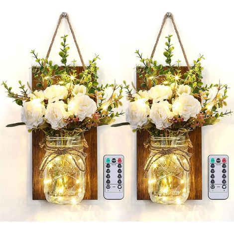Appliques Murales Mason Jar, Décoration Murale de Chambre Rustique avec 2 Télécommande Minuterie Fleurs Artificielles Lumières Suspendue à Piles avec LED Bande pour Décor de Salon(lot de 2) (1/5)