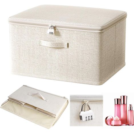 Boîte De Rangement Verrouillable - 1 Unité - Tissu Cationique - Serrure À Combinaison - Pour Vêtements Et Jouets - Beige (1/5)