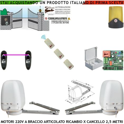 Automazione 2 Motori Braccio Articolato 220 V 250 NM Cancello Elettrico 5 Metri 2 Ante da 0,5 a 2,5 Metri Centrale CBR 3 Radiocomandi Fotocellule Selettore (1/4)