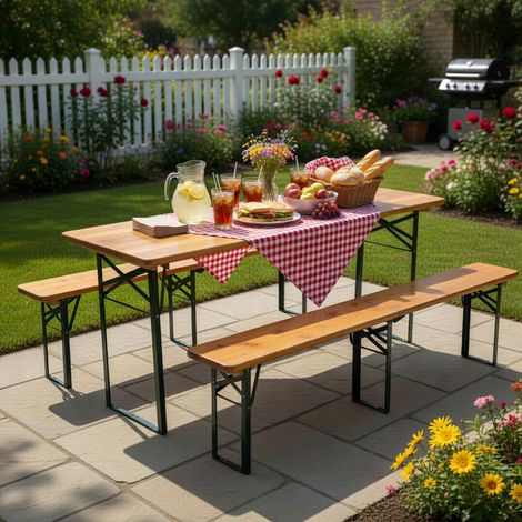 Ensemble de table et bancs de brasserie pliable220cm-Salon de jardin extérieur-HABITAT ET JARDIN (1/5)