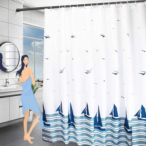 Waterproof Shower Curtain 180x200,Made of Heavyweight Textile Washable Fabric Polyester, Mildew Proof Shower Curtains with ABS Shower Curtain Rings for Bathtub and Bathroom (Blue) (1/5)