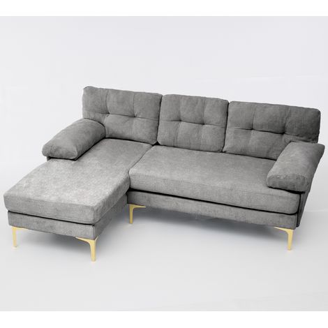 [Nouveautés] [Vidéo fournie] Canapé en L 187.5CM, équipé de 3 coussins d'assise, pieds en métal, canapé 3 places, fonction méridienne convertible, tissu chenille, accoudoirs rembourrés, gris (1/5)