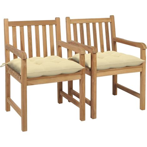 vidaXL Sillas de jardín 2 uds madera de teca con cojines blanco crema (1/4)