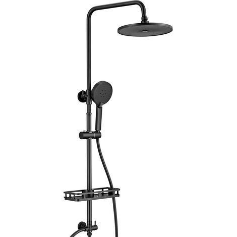 AURALUM MAX Duschsystem ohne Armatur Schwarz Matt - Regendusche mit 10 Zoll Runder Kopfbrause, 3 Strahlarten Handbrause & Höhenverstellbare Duschstange (72-110cm), Duschset mit PVC Schlauch (1/5)