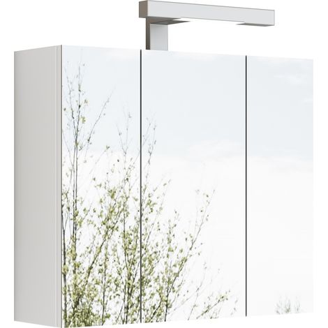 Mueble espejo de baño blanco de 3 puertas con LED, enchufe Schuko y baldas de vidrio (1/5)
