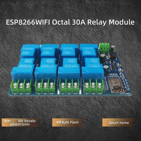 La carte de développement ESP8266 ESP-12F est un module relais WiFi 8 canaux DC 7-28V/5V 30A adapté aux projets de domotique et de contrôle industriel DIY. (1/5)