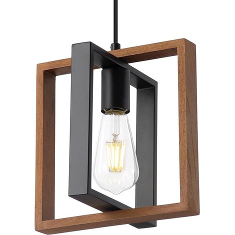 Petit luminaire suspendu de style industriel avec cordon d'alimentation - douille E27 en bois et métal, idéal pour les îlots de cuisine de style campagnard (1/5)
