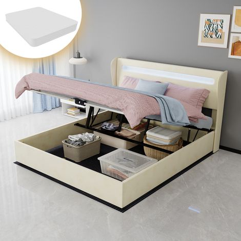 Cama tapizada moderna de tela beige 160x200 cm con cabecero regulable e iluminación LED integrada (1/5)