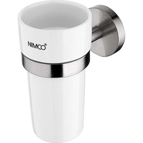 Nimco Unix - Vasetto per spazzolino e dentifricio con supporto, ceramica bianca/acciaio inox tagliato UNM 13058KN-10