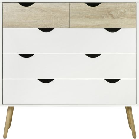 Commode 5 tiroirs Design scandinave Meuble de Rangement Chambre Panneau de Particules 99 x 39 x 101 cm Blanc Aspect chêne Clair