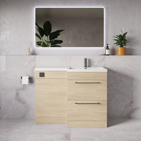 Napoli 390 Light Oak 1100mm 2 Drawer Vanity Unit Toilet Suite with Square Right Hand Lucia Basin - 1100mm - Gunmetal Grey 320mm HandleWithout Kingston Toilet Pan