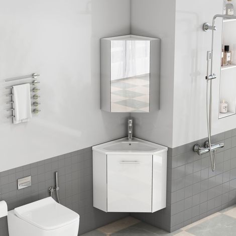 Set meuble d'angle avec lavabo et miroir, blanc, rangement angle optimisé, charnières amorties, pré-monté, salle bain gain de place et design (1/5)