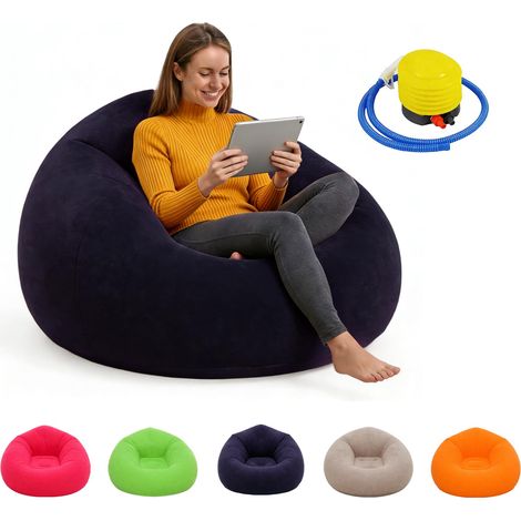 Fauteuil Gonflable avec Pompe,PVC avec Surface Floquée,Canapé Lazy No Bean Bag Doux Lavable, Portable Pliable pour Salon, Chambre, Camping, Piscine,Intérieur et Extérieur (Bleu) (1/5)