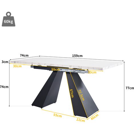 Table à manger extensible (99-159 x 74 cm), escamotable et gain de place, parfaite pour petites cuisines. Surface spacieuse, style modulable, dessus blanc avec piètement central. (1/5)