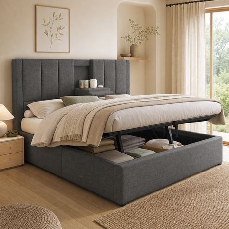 Letto matrimoniale contenitore 180x200 cm con rete a doghe, ricarica USB, grigio REDOM (1/5)