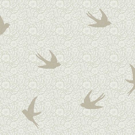 Papier peint hirondelles florales fond lin clair