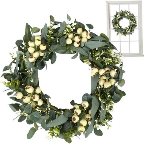 Couronne - Couronne d'eucalyptus - Couronne de porte - Couronne artificielle - Avec baies - 45 cm - Artificielle - Pour porte d'entrée et mur - Décoration printemps-été - Verte (1/5)