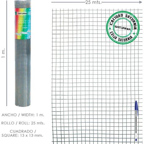 SATURNIA - Rete zincata saldata 13x13 / Altezza 100 cm. Rotolo da 25 metri Uso domestico