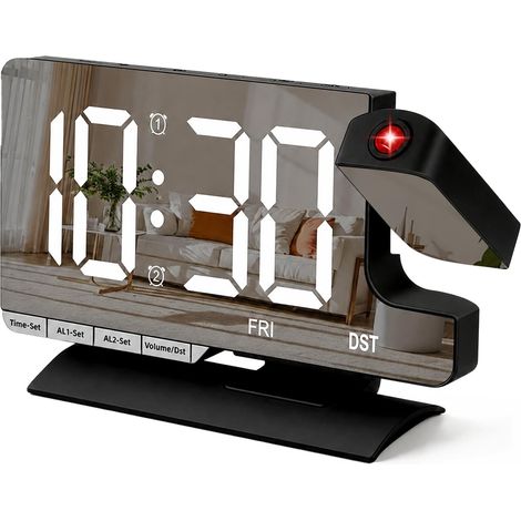 CCYKXARéveil à projection pour plafond de chambre à coucher,réveil miroir numérique avec projecteur rotatif à 180° grand écran LED de 18,5 cm, double alarme (1/5)