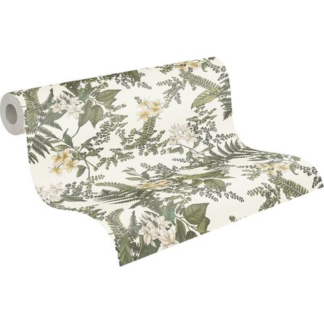 Papier peint nature vert et jaune sur fond blanc Tapisserie florale botanique pour couloir Papier peint intissé idéal bureau et chambre (1/5)