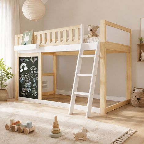 Hochbett 90x200 cm Weiß-Natur aus Kiefer und MDF mit Tafel, Aufbewahrungsbox und Leiter (1/5)