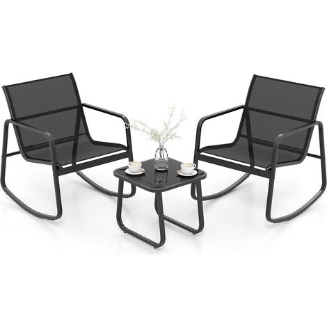 Costway – Salon de jardin 3 pièces – 2 chaises à bascule avec tissu respirant – Table basse en verre trempé – Cadre métallique robuste – Charge 150kg (1/5)