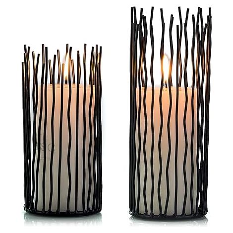 QAZQA 2 Pièces Bougeoir Pilier Métal, Bougeoirs Table Noirs Électroniques sans Flamme À LED, Bougeoir en Métal Centres de Table Mariage À la Maison Décorations Cheminée Noël (Petit + Grand) (1/5)