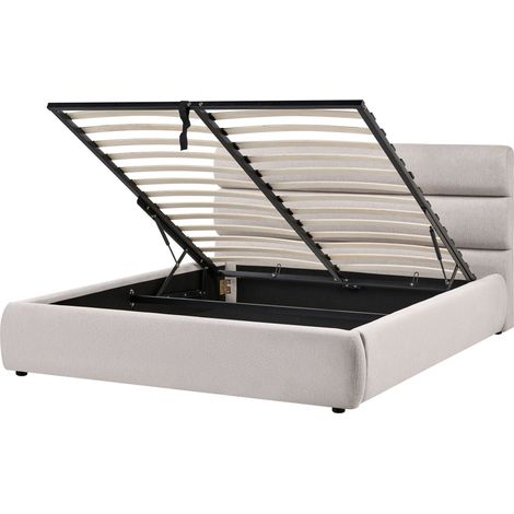 Slatted Bed Frame Grey Linen Fabric Upholstered Plastic Legs Ottoman Storage 5ft3 EU King Size Modern Design BONIFACIO