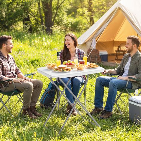 Blanc 75x50x73,5 cm - Table pliante de camping portable doté de hauteur réglable en 5 niveaux, plan de travail en HDPE et cadre métallique