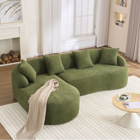 Sofá modular curvo en L con chaise longue izquierda, 3 plazas, chenilla verde, OKWISH (1/5)