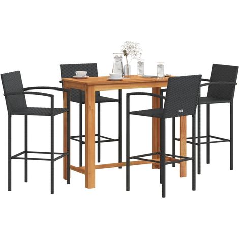 5-tlg. Gartenbar-Set Schwarz Massivholz Akazie und Poly Rattan