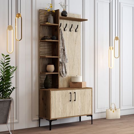 Recibidor Loceri, Perchero, 7 Estantes, Puerta Batiente, 90x35x200h cm Mármol Beige (1/5)