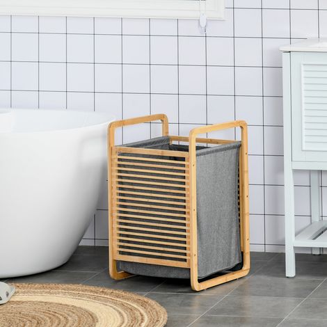 Cesto para Ropa Sucia de Bambú Cesto Rectangular de Ropa Portátil con Tapa y Bolsa Extraíble Mueble de Baño Dormitorio 40x35,5x60,5 cm Color Natural y Gris (1/5)