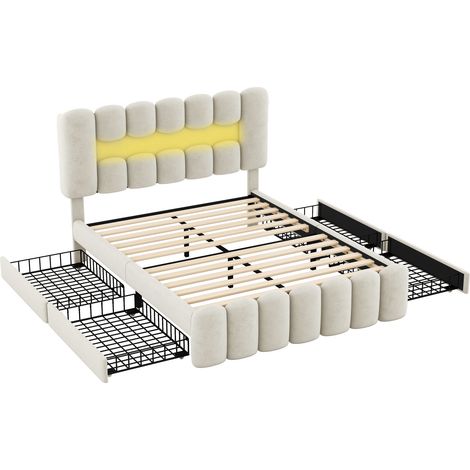 Letto con Cassetti 140×200 cm, Letto Matrimoniale con 4 Cassetti, USB, Altoparlanti e LED, senza Materasso, Beige (1/4)