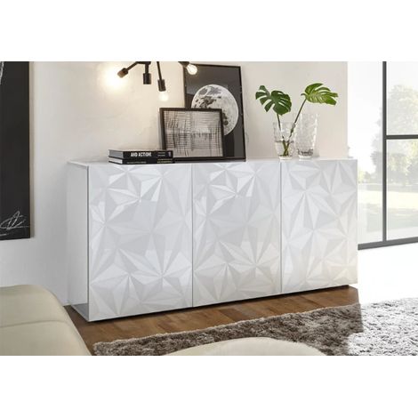 Buffet PRISMA 3 portes – Blanc laqué brillant – Design géométrique (1/5)