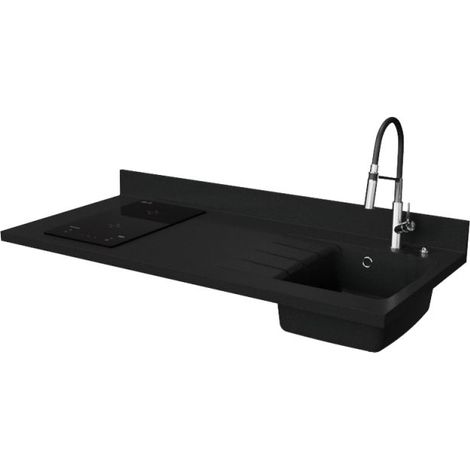Plan de travail monobloc PlaniQuartz avec évier - 140 cm - Nero - évier à droite - Plaque de cuisson Induction